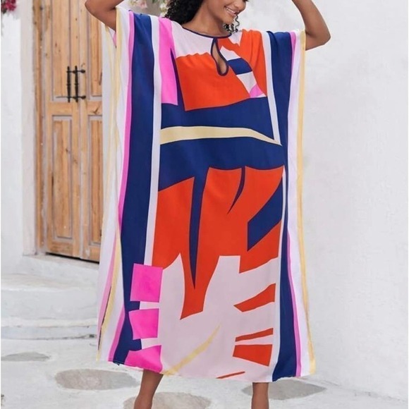 Multi color Geo Print Tie Neck Batwing Sleeve split oversize Cover Up kaftan - Picture 4 of 9